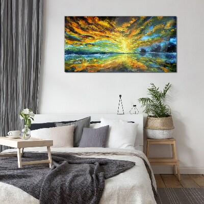 Golden clouds over calm water Wall art on glass