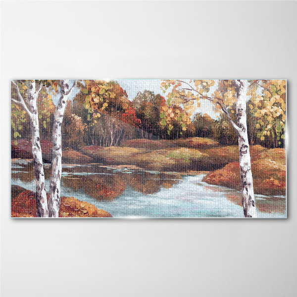 Autumn scenery by the river Glass art print