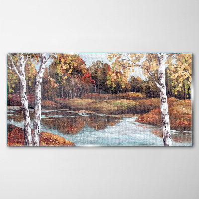 Autumn scenery by the river Glass art print
