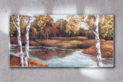 Autumn scenery by the river Glass art print