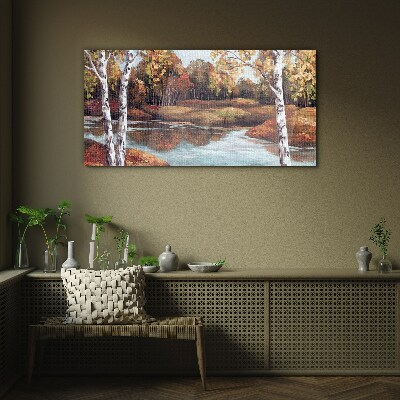 Autumn scenery by the river Glass art print