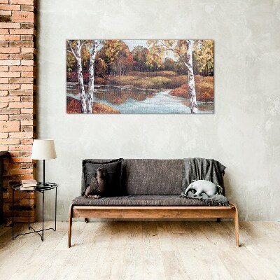 Autumn scenery by the river Glass art print