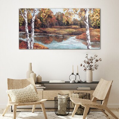 Autumn scenery by the river Glass art print
