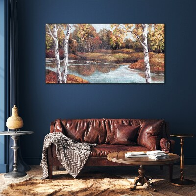 Autumn scenery by the river Glass art print