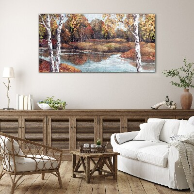 Autumn scenery by the river Glass art print