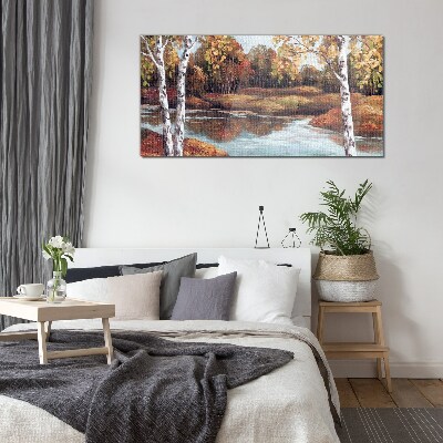 Autumn scenery by the river Glass art print