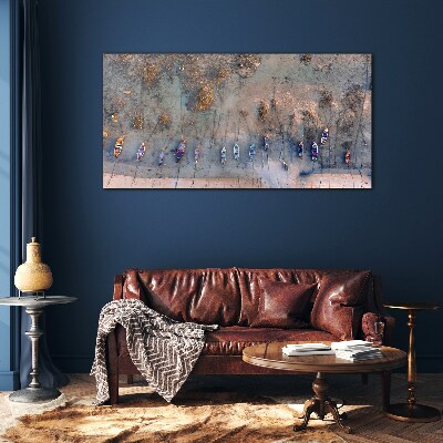 A quiet port in the sunset light Glass art print