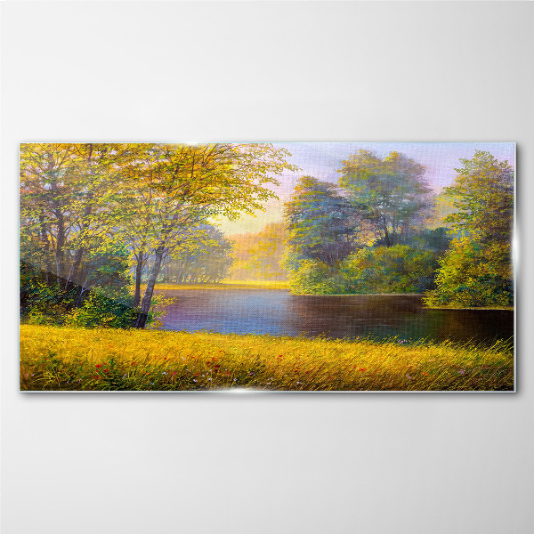 Golden autumn on the river Wall art on glass