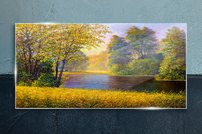 Golden autumn on the river Wall art on glass