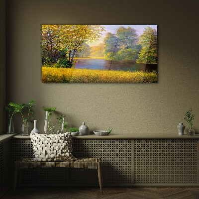 Golden autumn on the river Wall art on glass
