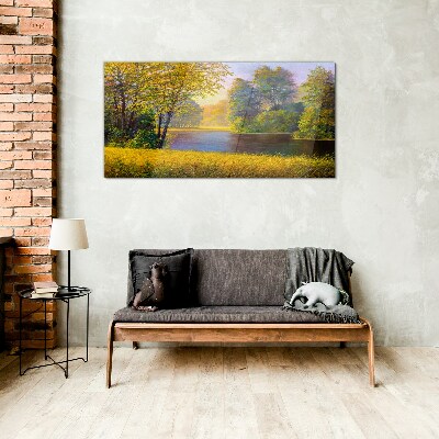 Golden autumn on the river Wall art on glass