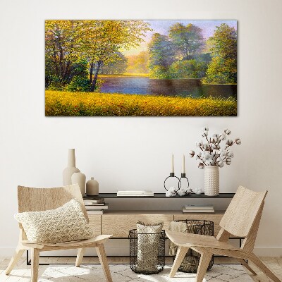 Golden autumn on the river Wall art on glass