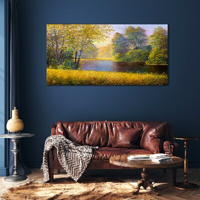 Golden autumn on the river Wall art on glass