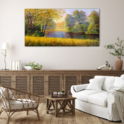 Golden autumn on the river Wall art on glass