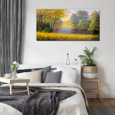 Golden autumn on the river Wall art on glass