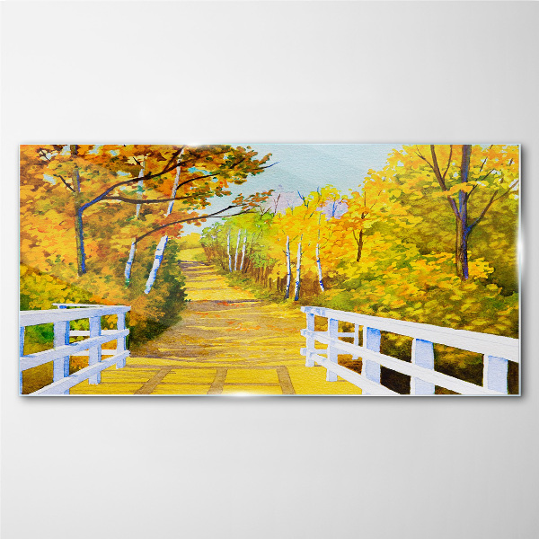 Golden path in the autumn forest Wall art on glass