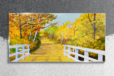 Golden path in the autumn forest Wall art on glass