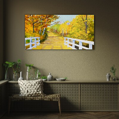 Golden path in the autumn forest Wall art on glass