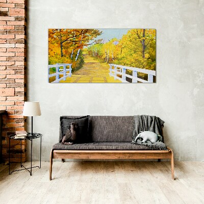 Golden path in the autumn forest Wall art on glass