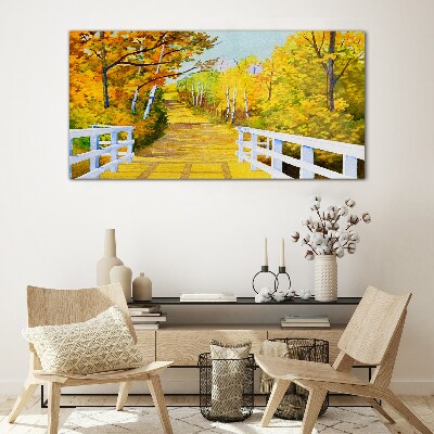 Golden path in the autumn forest Wall art on glass