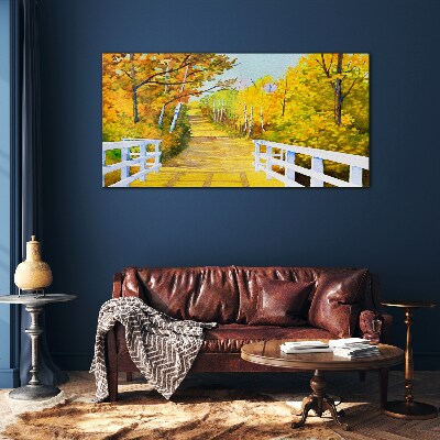 Golden path in the autumn forest Wall art on glass