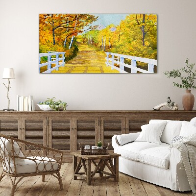 Golden path in the autumn forest Wall art on glass