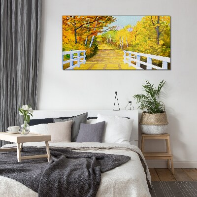 Golden path in the autumn forest Wall art on glass
