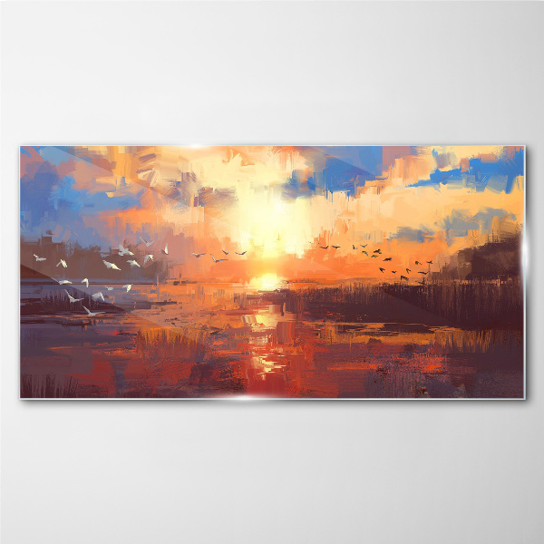 Sunset over a calm lake Glass art print