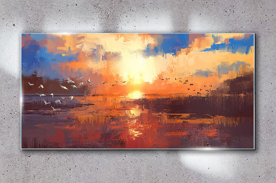 Sunset over a calm lake Glass art print