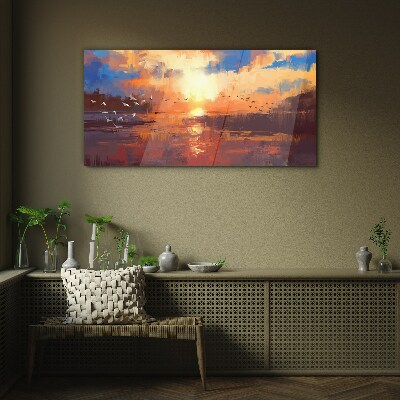 Sunset over a calm lake Glass art print