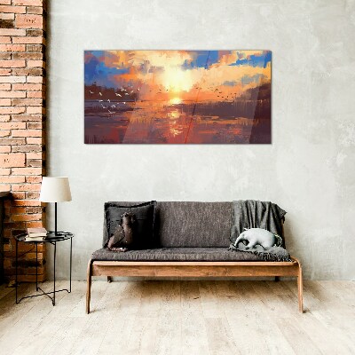 Sunset over a calm lake Glass art print