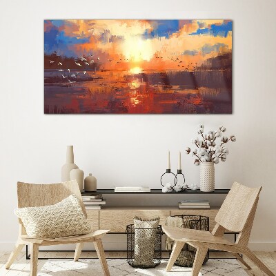 Sunset over a calm lake Glass art print