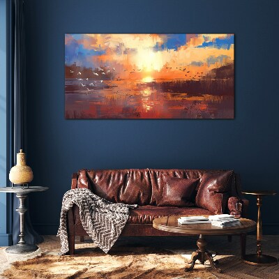 Sunset over a calm lake Glass art print