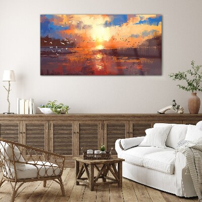 Sunset over a calm lake Glass art print