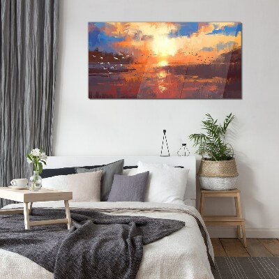 Sunset over a calm lake Glass art print