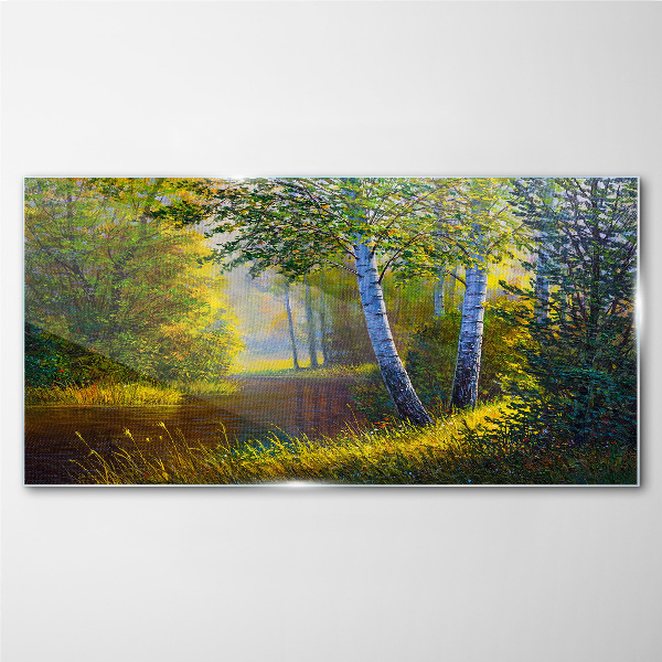Golden light on the river bank Wall art on glass