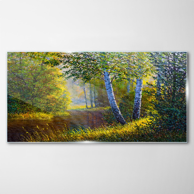 Golden light on the river bank Wall art on glass