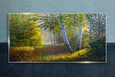 Golden light on the river bank Wall art on glass