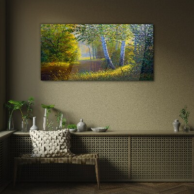 Golden light on the river bank Wall art on glass