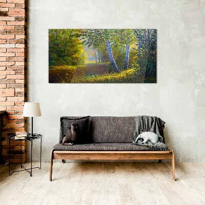 Golden light on the river bank Wall art on glass
