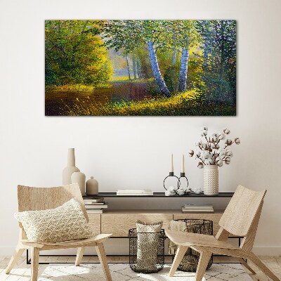 Golden light on the river bank Wall art on glass