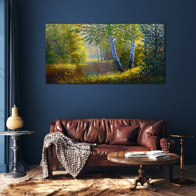 Golden light on the river bank Wall art on glass