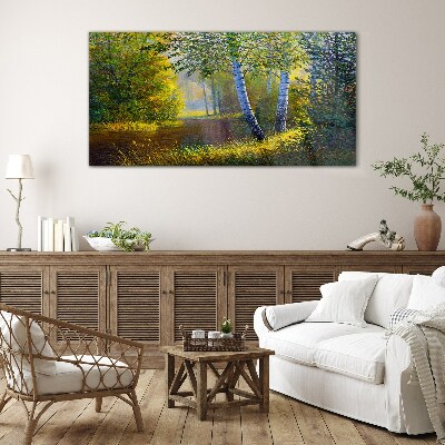 Golden light on the river bank Wall art on glass
