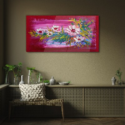 Flowers on a pink background Wall art on glass