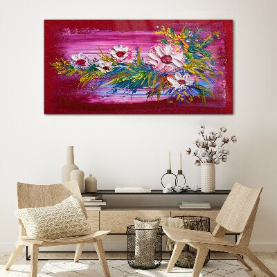Flowers on a pink background Wall art on glass