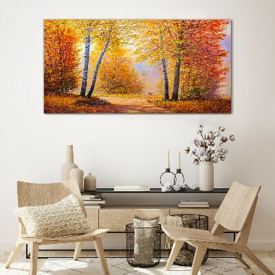 Golden autumn in the forest Glass art print