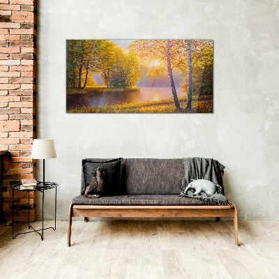 Golden Morning at the Lake Wall art on glass