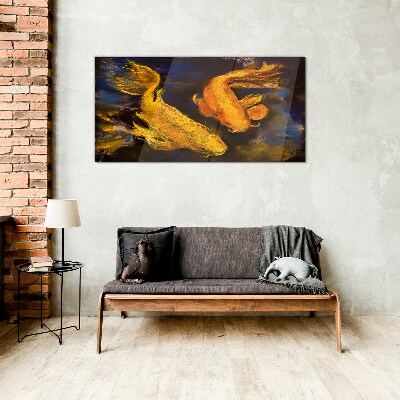 Golden fish in water dance Glass art print