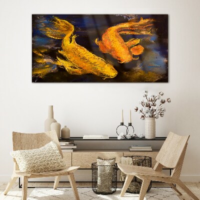 Golden fish in water dance Glass art print