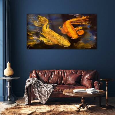 Golden fish in water dance Glass art print